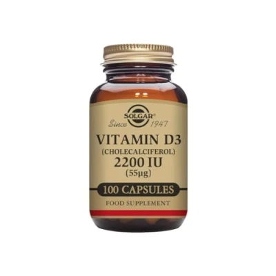 Image of Solgar Vitamin D3 (Cholecalciferol) 2200 IU (55 µg) Vegetable Capsules Pack of 100 Healthy Bones and Teeth Supports Immunity Muscle Function Vegetarian