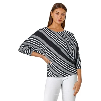 Image of Roman Originals Relaxed Stripe Print Stretch Top for Women UK Ladies Everyday Autumn Winter Round Neckline Comfy Soft Evening Vacation Work Party Night Out Black Size 12