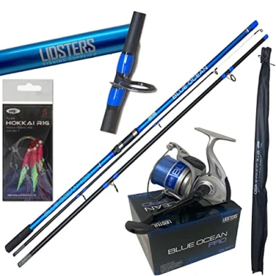 Image of Lidsters Fishing 14ft 3pc 4.2m Blue Ocean sea rod + Pro Reel Free Pack Mackeral Feathers