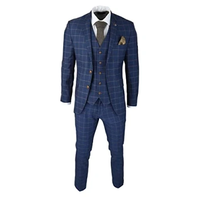 Image of Mens 3 Piece Blue Orange Check Suit Retro Smart Tailored Fit Vintage 38
