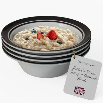 Image of Portmeirion Potters Stripe Set of 4 Oatmeal Bowls Black
