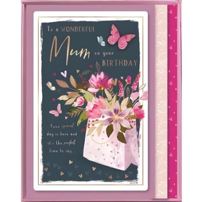 Image of Mum Birthday Large Boxed Card Wonderful Special Finishes Contemporary Floral Design Embellishments and Illustrated Insert Leaf Made in the UK Eco Friendly