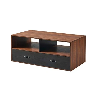 Image of Teamson Home Modern Wooden Rectangular Drawers and Storage with Leather Handle, Multi Function Coffee Table or TV Stand, Wood, Walnut Brown/Black, Large