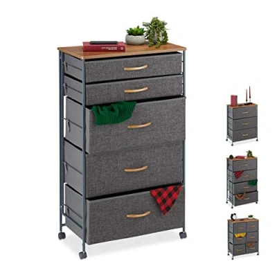 Image of Relaxdays Chest Castors, 5 Drawers, Decor Fabric Stand, Wood Look, HWD 96.5 x 58 30 cm, Grey, Gray