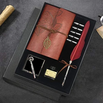 Image of Quill Pen and Ink Set, Antique Feather Dip Calligraphy including Pen, 5 Replacement Nibs, Nib Base, Notebook, Ink, Gift Box, Best Gifts for Him Men Dad (Red)
