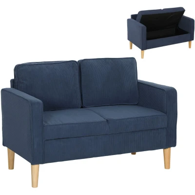 Image of HOMCOM Compact 2 Seater Sofa with Under Seat Storage, Loveseat Solid Wood Legs, Corduroy Small Couch Settee for Living Room, Bedroom, Home Office, 117 x 63 79cm, Blue