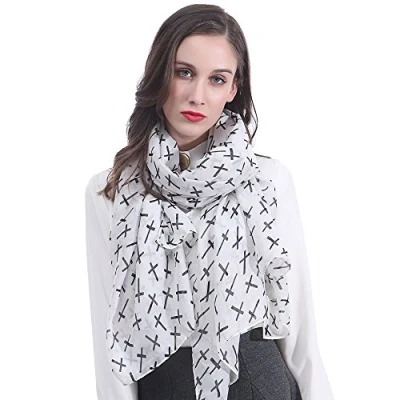 Image of Lina &amp; Lily Cross Print Women&#039;s Scarf Shawl Wrap Lightweight (White)
