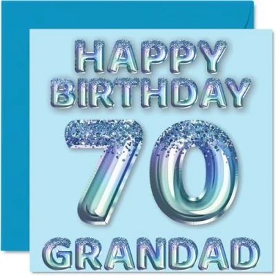 Image of 70th Birthday Card for Grandad Blue Glitter Party Balloons Happy Cards 70 Year Old from Grandson Granddaughter, 145mm x Bday Greeting Gift