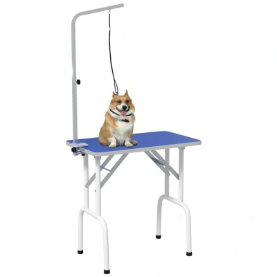 Image of PawHut 32&quot; Foldable Dog Grooming Table Pet Drying Beauty Adjustable Fixed Arm Rubber Top, Blue