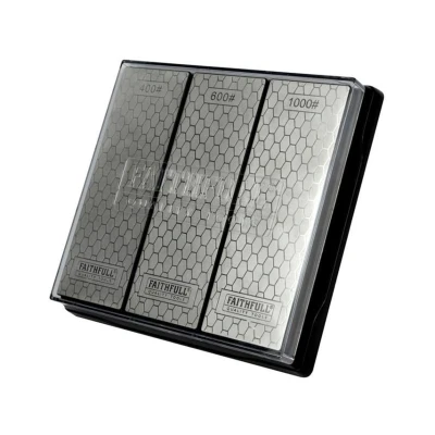 Image of Faithfull Diamond Whetstone Sharpening Kit. 3 Stones: 400G Coarse, 600G Medium And 1000G Fine Includes Non Slip Base Unit