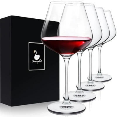 Image of Swanfort Red Wine Glasses Set of 4, Long Stem Crystal Glasses, Burgundy Glass with Gift Box, 650ml Large for Wedding Anniversary Birthday Gifts
