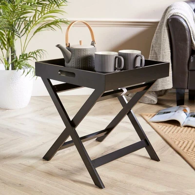 Image of Home Source Butlers Side Table Portable Wooden Food Drink Serving Tray, Black, 40cm
