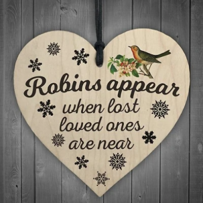 Image of RED OCEAN Robins Appear When Lost Loved Ones Are Near Wooden Hanging Heart Memorial Christmas Tree Decoration Plaque