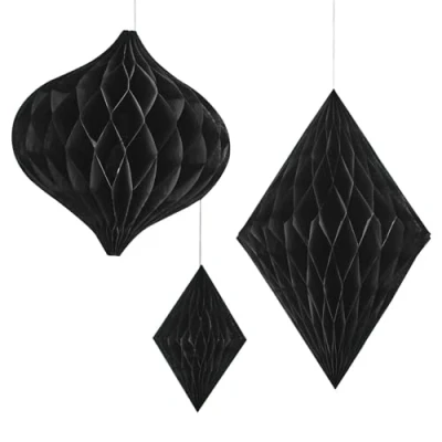 Image of Ginger Ray Black Honeycomb Paper Hanging Decorations for Weddings &amp; Parties Pack of 3