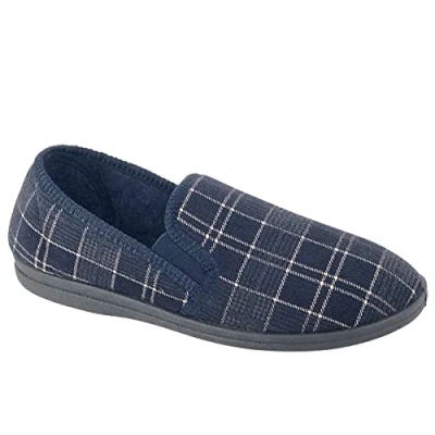 Image of Sleepers Mens Dale Twin Gusset Slip On Carpet Slippers Navy Check Sizes 6 14 Size 13 UK