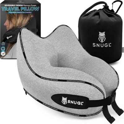 Image of SNUGL Travel Pillow Memory Foam Neck Cushion Flight Support for Airplane with Carry Bag &amp; Clip Flying Essentials (Grey Small)