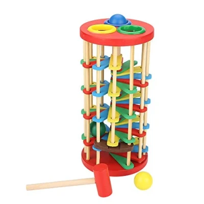 Image of Zerodis Pounding Toy, Pound and Roll Wooden Tower Toy with Hammer Bright Color Early Education Toys for Toddlers Preschool Kids Children