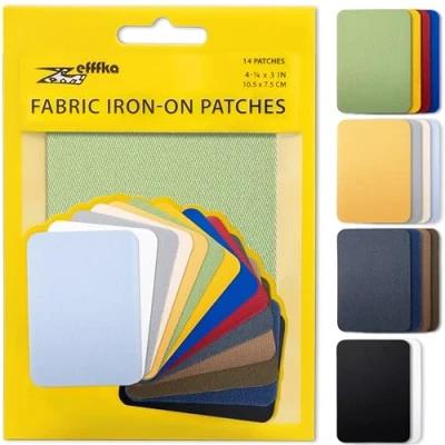 Image of ZEFFFKA Fabric Iron on Patches Inside &amp; Outside Strongest Glue 100% Cotton Blue Gray Beige Brown Yellow Red Green Repair Decorating Kit 14 Pieces Size 3&quot; by 4 1/4&quot; (7.5 cm x 10.5 cm)