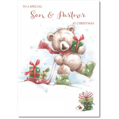 Image of doodlecards Son and Partner Christmas Card Cute Bear with Sled Medium Size for &amp; Plain Envelope