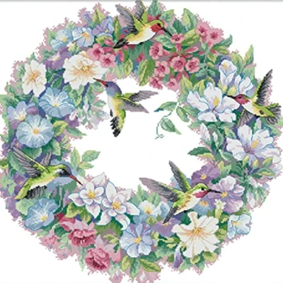 Image of OWN4B Cross Stitch Kits Stamped, Flowers Wreath and Hummingbird Printed Pattern 11CT 14.2x14.2 inch DIY Embroidery Kit (Wreath)