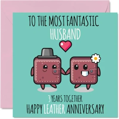Image of Cute Leather Anniversary Card for Husband 3 Years Together Happy 3rd Wedding Cards from Wife, 145mm x Greeting Third Anniversaries