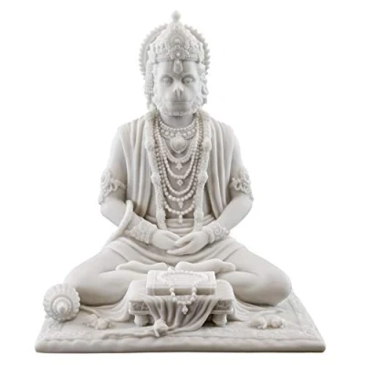 Image of Top Collection 8&quot; Hanuman Hindu Statue in White Marble Finish God of Strength Figurine