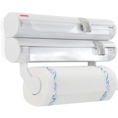 Image of Leifheit Rolly ComfortLine Kitchen Roll Holder Wall Mounted for Cling Film, Foil and Roll, Easy Install Dispenser, 42.5 x 8.5 13.2 cm, Towel Holder, White