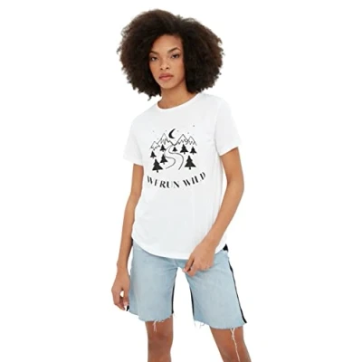 Image of Trendyol Women&#039;s Woman Regular Standard Crew Neck Knit T shirt Shirt, White, XS UK