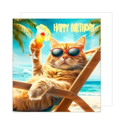 Image of Edition Seidel Premium Square Birthday Card with Envelope Greeting Happy For Him or Her Female Male Cool Cat Sun Beach Humor (GQ147 SW024)