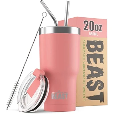 Image of Beast Tumbler 550 ml (20 oz), Blossom Pink Reusable Stainless Steel, Vacuum Insulated Cup with + 2 Straws &amp; Cleaning Brush Double Wall Travel Flask Perfect for Hot or Iced Coffee BPA Free