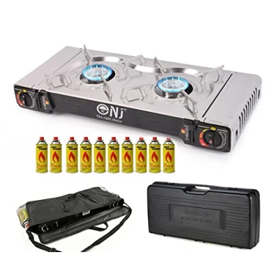 Image of NJ SG 2S Double Camping Stove 2 Burner Portable Gas Cooker Powered with Butane Canister Stainless Steel Surface Compact Carry Case and Bag Outdoor