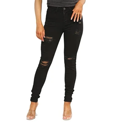 Image of 989Zé ENZO EZL417 Womens Jeans Skinny Stretch Ripped Trousers Ladies Denim Slim Fit Pants with Rips Waist Sizes UK 8 20 (20, Black)