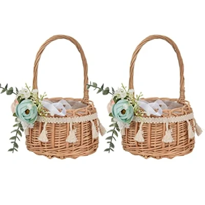 Image of Ercheng 2Pcs Flower Girl Baskets,Handwoven Arrangement Basket with Handle,Wedding Baskets,Wicker Rattan Baskets Green