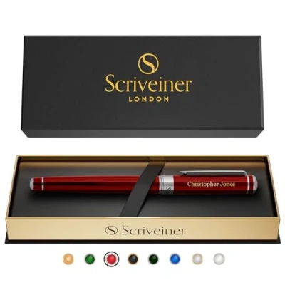 Image of Scriveiner Personalised Deep Crimson Red Pen Stunning Lacquer Luxury with Chrome Finish, Schmidt Ink Refill, Best Engraved Roller Ball Gift Set for Men &amp; Women, Custom Name Engraving