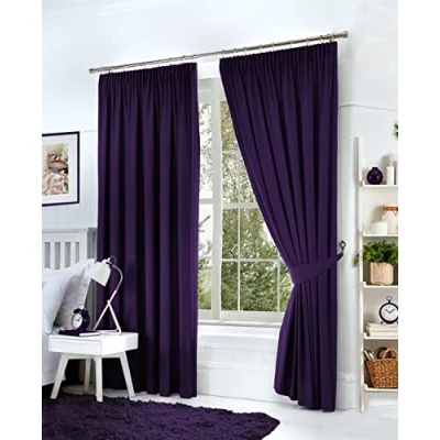 Image of Hachette Thermal Blackout Curtains Pencil Pleat Tape Top Including Pair of Tiebacks (Aubergine Purple, 66&quot; X 72&quot;)