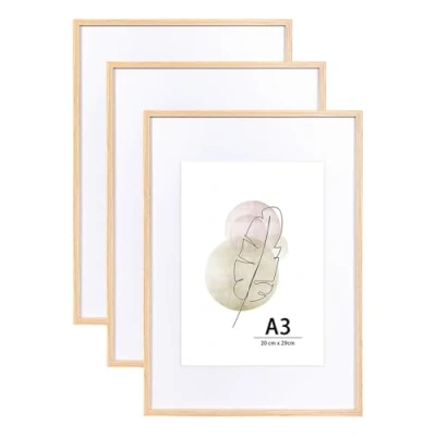Image of KAIWIN A3 Picture Frame Oak Set of 3, Wooden Poster with white mat, 29.7x42 cm Frames for Wall Mounting Display Home, Office,Gallery,Holiday Photos, Posters, Puzzles
