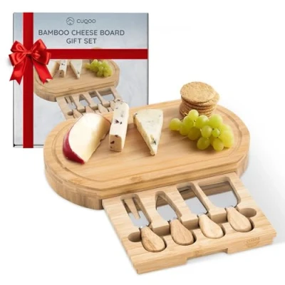 Image of CUQOO Bamboo Cheese Board Set Charcuterie with 3 Stainless Steel Knives &amp; Fork, Serving Platter Compartment for Meats, Cheese, and Fruits Perfect Parties Gifts