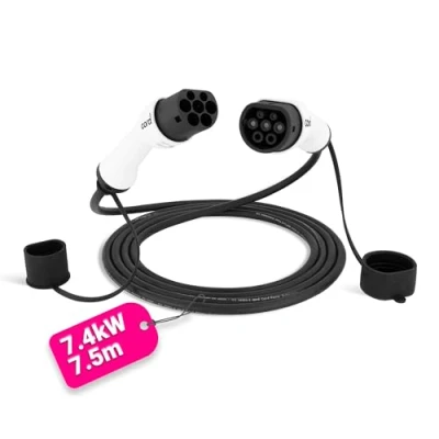 Image of Cord Type 2 to EV Charging Cable, 32amp, 7.4kW, 7.5 Metre, Single Phase, Black &amp; White