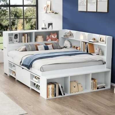 Image of Merax Stylish Double Bed, 4FT6 Bed Frame with Drawers, Bookcase and Storage Cupboard, Multifunctional Storage, Wooden Frame, Children&#039;s Slatted White, 135x190cm