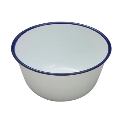 Image of Premium Quality Traditional Enamel White Blue Trim Rice Plate, Pasta Bowl, Dinner Round Pie Soup Mixing Deep Dish Tableware Crockery (Pudding Basin 16cm)