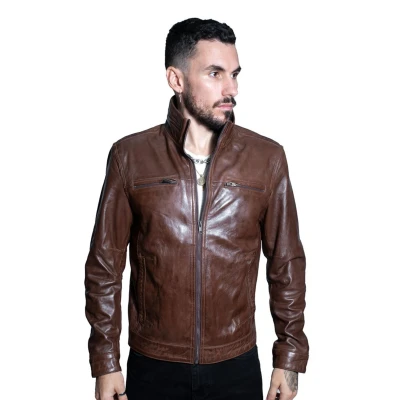 Image of Men&#039;s Brown Brando Leather Moto Biker Jacket 5XL