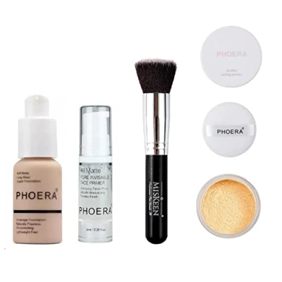 Image of Phoera® Full Coverage Foundation, Primer, Setting Powder and MISKEEN Makeup Brush Soft Matte Oil Control Concealer 30ml Long Lasting Flawless Cream Smooth Aquapurity (102 NUDE SET)