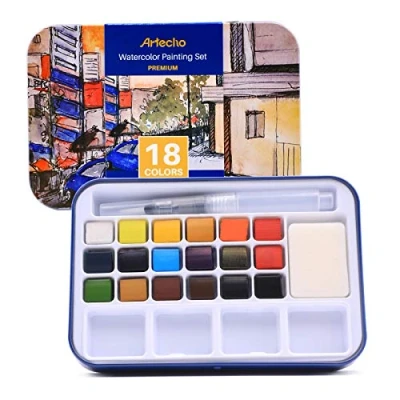 Image of Artecho Watercolour Paint Set, 18 Vibrant Colors, Watertbrush Pen Included, Lightweight and Portable,Watercolour Paints for Artists Beginners