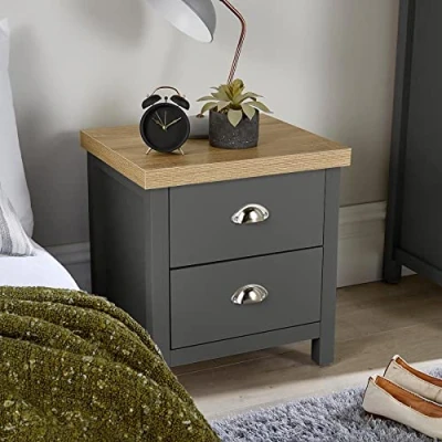Image of Home Source Bedside Table Nightstand, 2 Drawer, Oak Effect Dark Grey Lamp Side