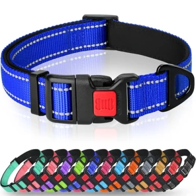 Image of Taglory Reflective Nylon Dog Collar with Safety Buckle, Adjustable Pet Collars Soft Neoprene Padding for Medium Dogs, Navy Blue