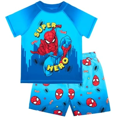 Image of Marvel Spiderman Swim Set for Boys 2 Piece Swimming Shorts &amp; T Shirt UV Sun Protection Costume Age 6 Blue