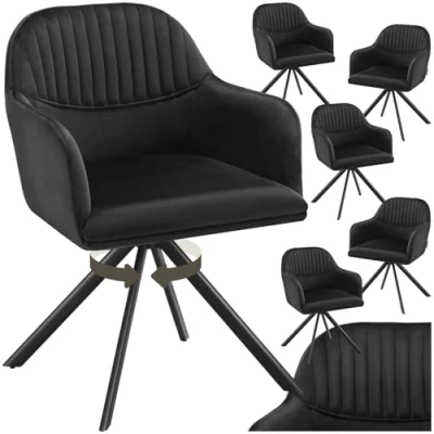 Image of TecTake® Set of 6 Velvet Dining Chairs with 360 Swivel Function, Thickly Padded Armchairs Stable Steel Legs, Non Slip Caps &amp; Quick Assembly Ideal Kitchen, Bedroom Desk Black/Black