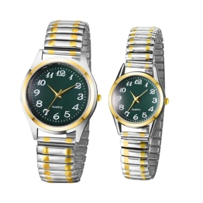 Image of JewelryWe Exquisite Round Quartz Watch: Ultra Thin Easy Reader Watch Green Dial Fashion Stainless Steel Elastic Strap for Men/Women Valentine&#039;s Day