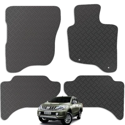 Image of Carsio Rubber Car Mats For Mitsubishi L200 2015+ Onwards Tailored Fit Floor Mat Set Complete Accessory Black Custom Fitted All Weather &amp; Heavy Duty, Anti Slip Backing with Clips