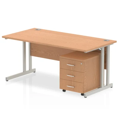 Image of Impulse 1400 x 800mm Straight Office Desk Oak Top Silver Cantilever Leg Workstation 3 Drawer Mobile Pedestal